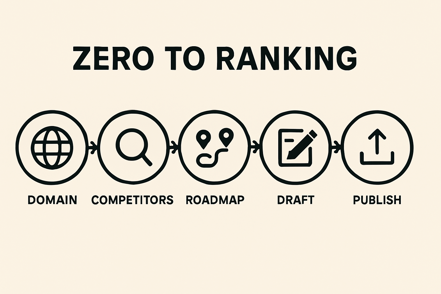 Process infographic titled Zero to Ranking with five labeled steps Domain, Competitors, Roadmap, Draft, Publish