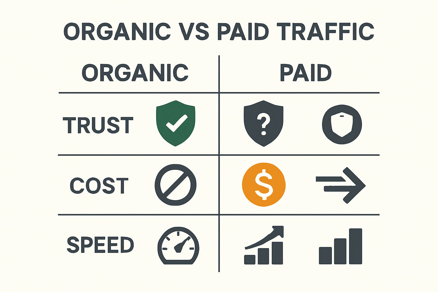 Infographic comparing organic vs paid traffic across trust, cost, speed, and scalability with a clean split layout