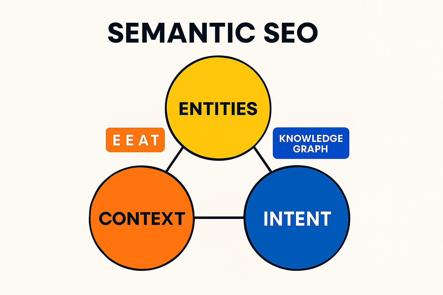 Simple infographic showing how semantic SEO connects entities, intent, and context to build authority