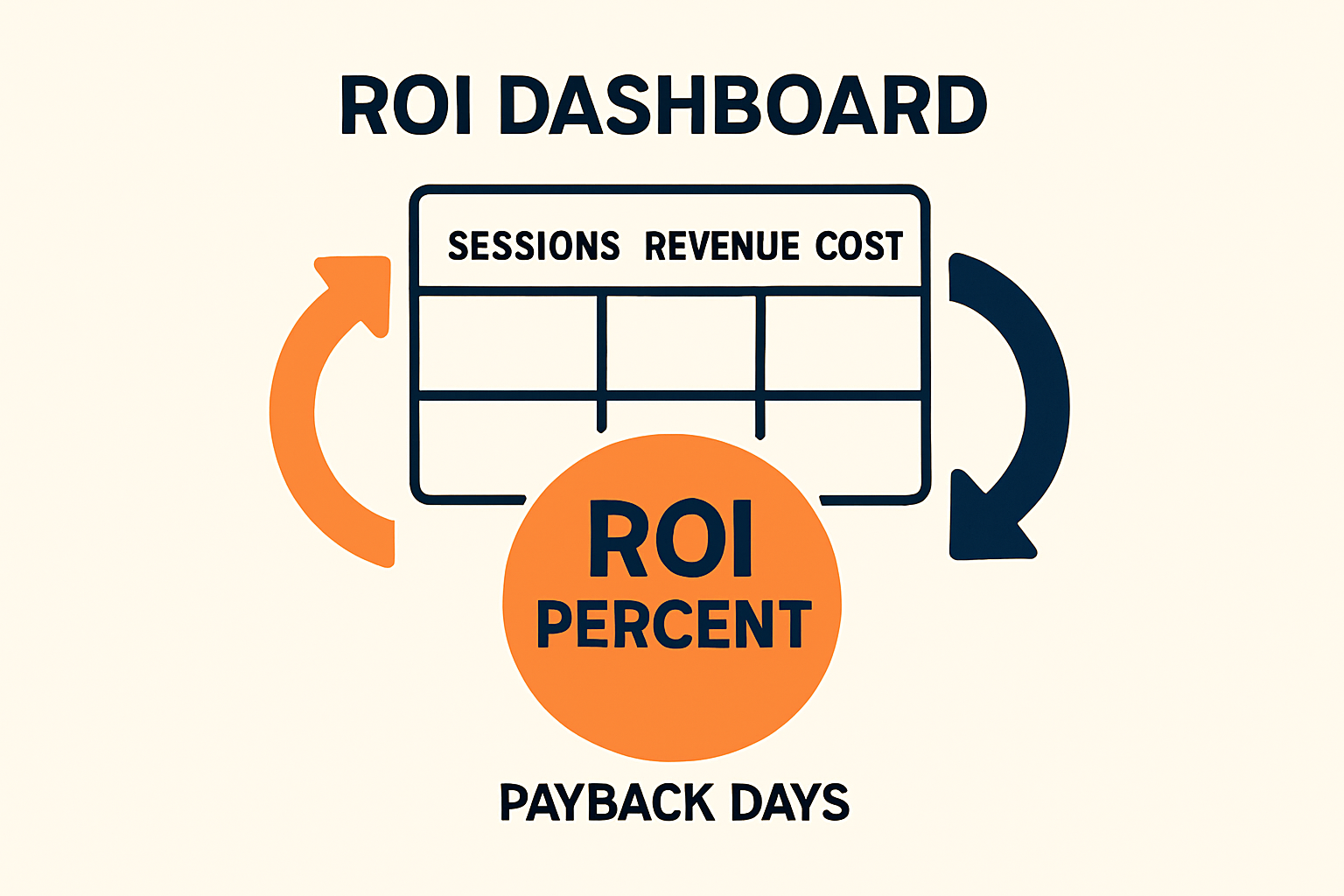 Infographic of a simple ROI dashboard schema showing key columns and a clear workflow to calculate ROI and payback