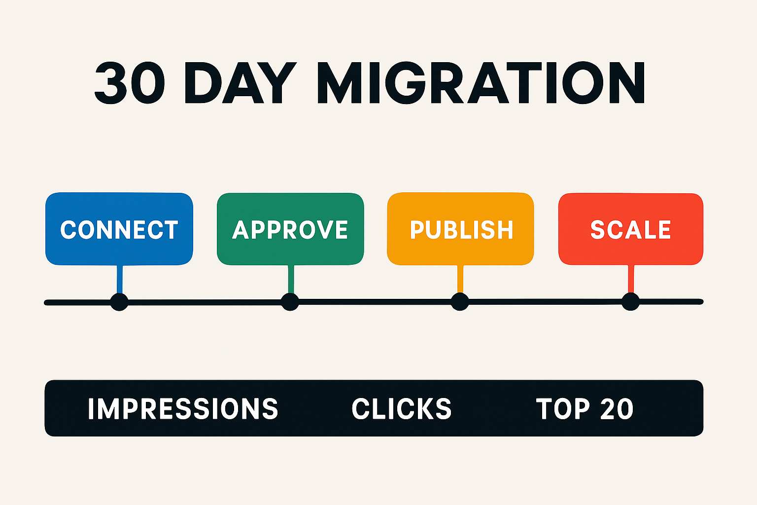 Timeline infographic with 30 day migration phases connect approve publish scale and key metrics impressions clicks top 20
