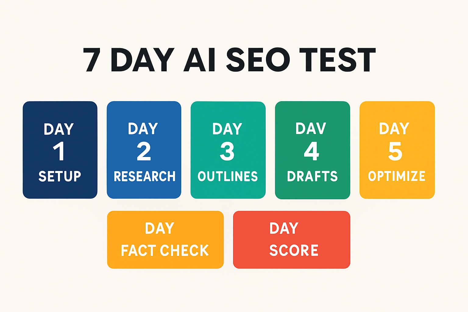 7-day AI SEO test infographic with seven simple steps from setup to score and decide