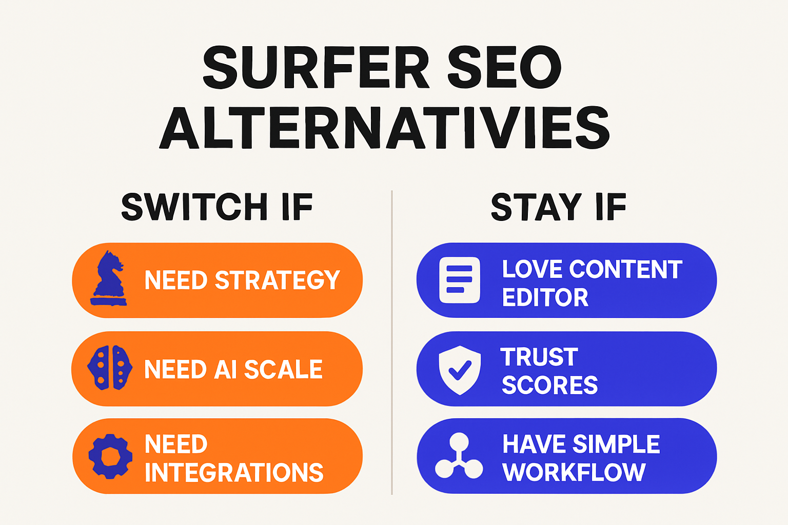 Infographic showing when to pick Surfer SEO versus alternatives based on needs for strategy depth, AI scale, and workflow integration