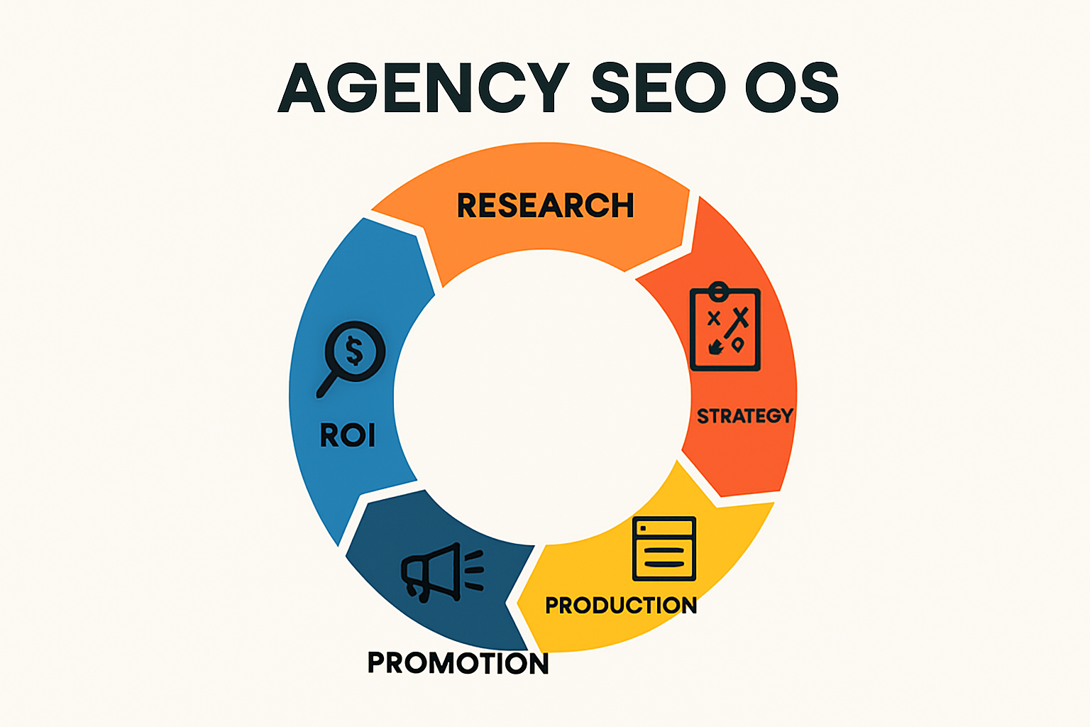 Infographic showing an agency SEO operating system loop from research to ROI with concise labels for each stage