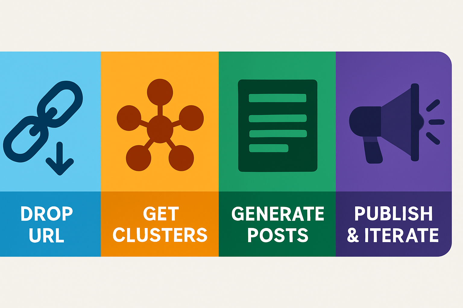 Four-step infographic showing the SEOsolved workflow from dropping a URL to publishing and iterating with clusters and posts.