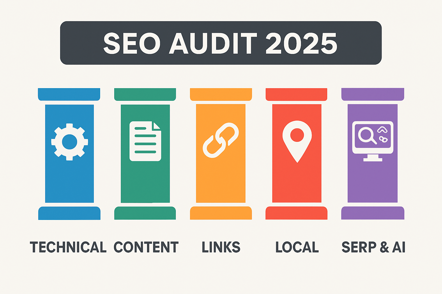 Infographic summarizing 2025 SEO audit pillars: technical, content, links, local, and SERP & AI for a complete site SEO check