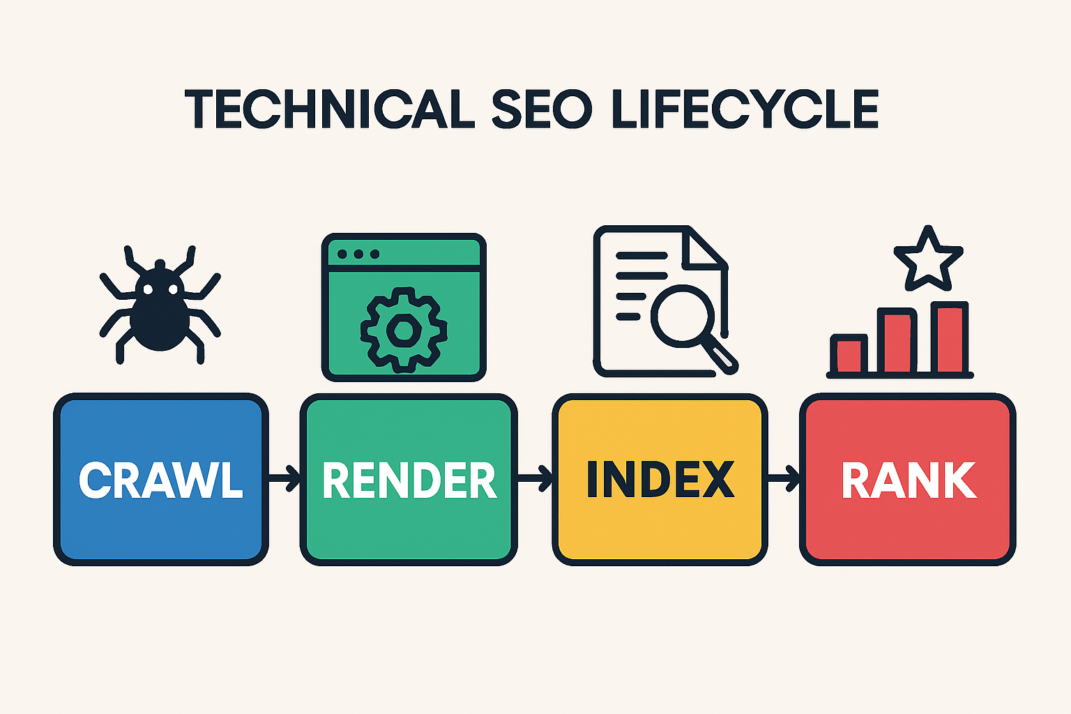 Flow diagram showing CRAWL, RENDER, INDEX, RANK pipeline to emphasize the technical SEO lifecycle and priority order.