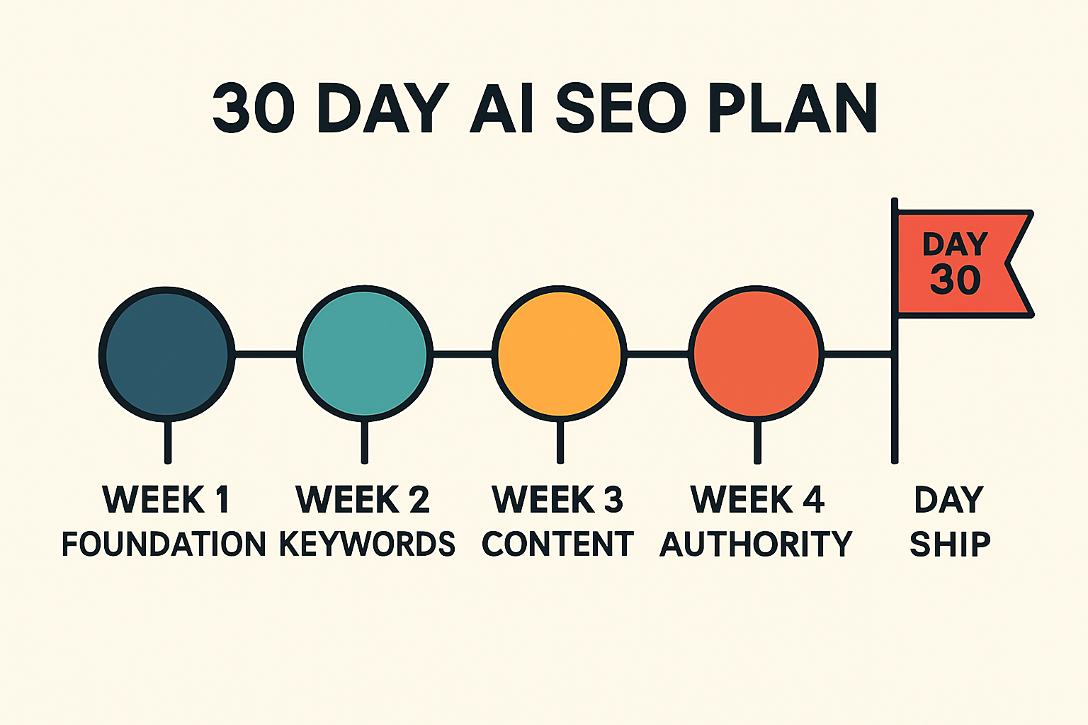 Infographic timeline of a 30-day AI SEO plan for Realtors showing five stages: Week 1 Foundation, Week 2 Keywords, Week 3 Content, Week 4 Authority, Day 30 Ship; clean vector style for quick scanning
