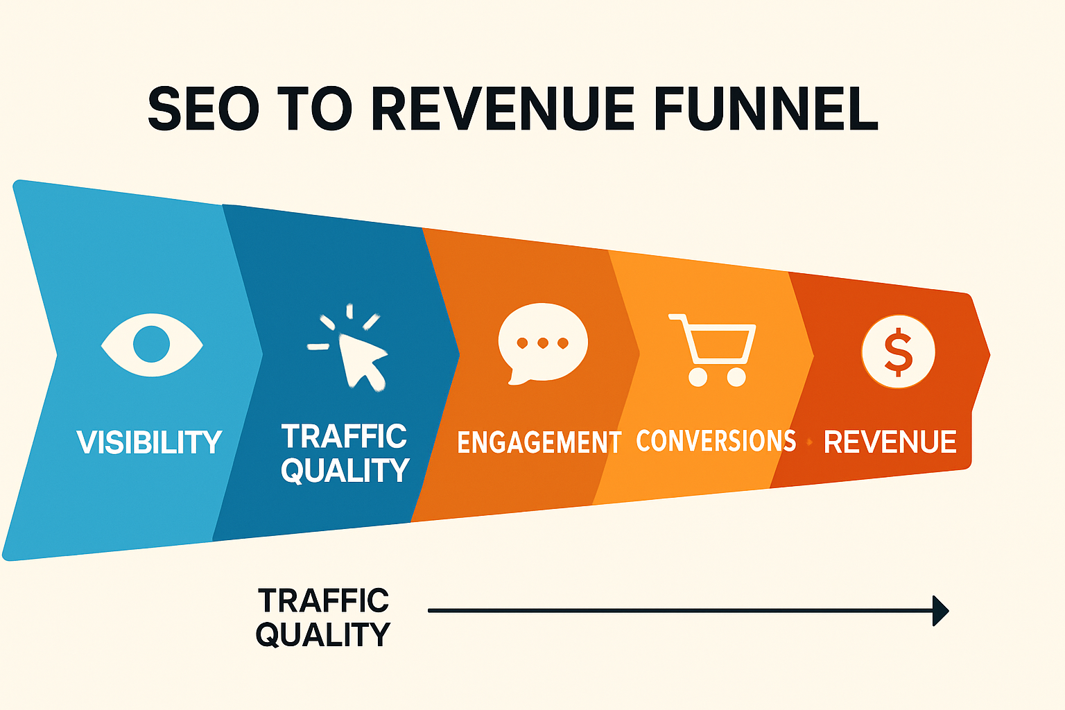 Infographic of the SEO to revenue funnel showing stages from visibility to revenue to illustrate how seo analytics tools connect metrics to business outcomes