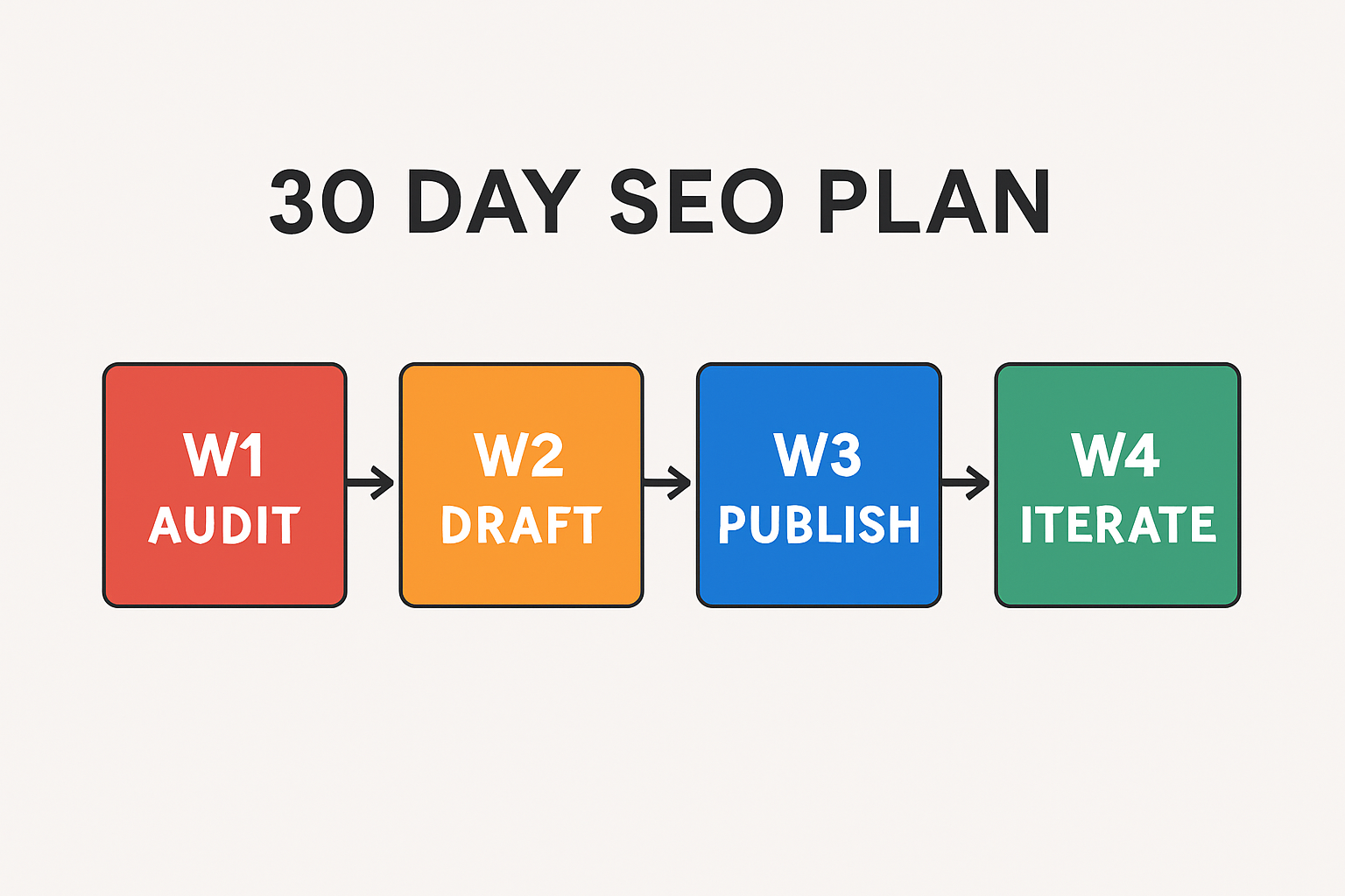 Timeline infographic showing a 30 day SEO implementation plan with four weekly milestones