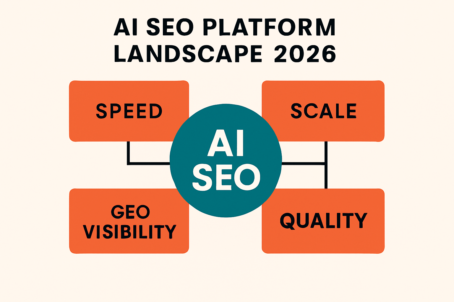 Infographic summarizing the 2026 AI SEO platform landscape showing pillars for speed, scale, quality, and GEO visibility with a clean flat vector style
