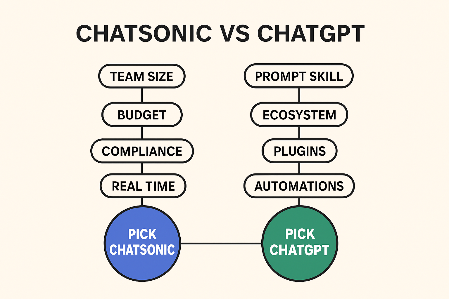 Decision-tree infographic showing when to choose Chatsonic vs ChatGPT based on team size, budget, compliance, and real-time research