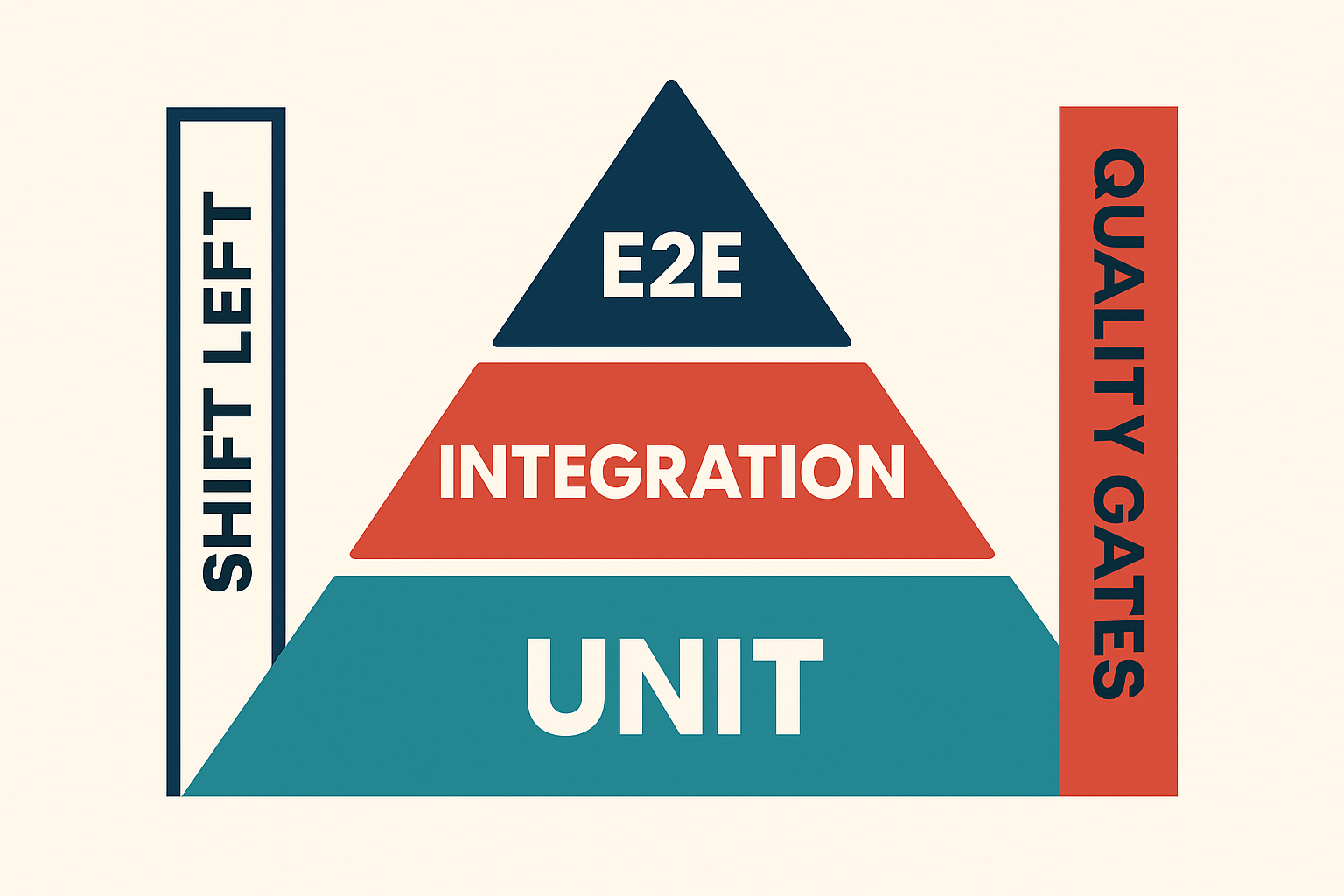 Infographic showing the web test pyramid with UNIT at the base, INTEGRATION in the middle, E2E at the top, plus SHIFT LEFT and QUALITY GATES labels to emphasize early feedback and release safety