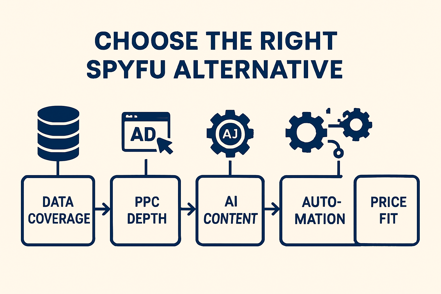 Infographic showing a simple decision flow for choosing a SpyFu alternative by data coverage, PPC depth, AI content, automation, and price