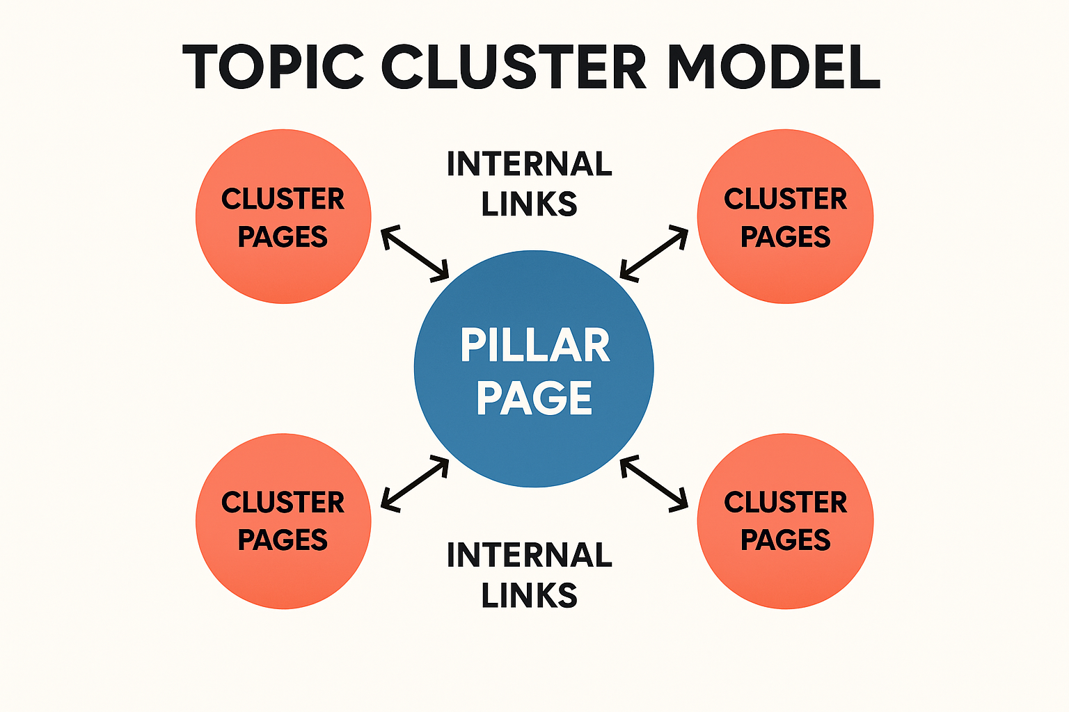 Simple infographic illustrating a pillar page connected to cluster pages with internal links to explain the topic cluster model