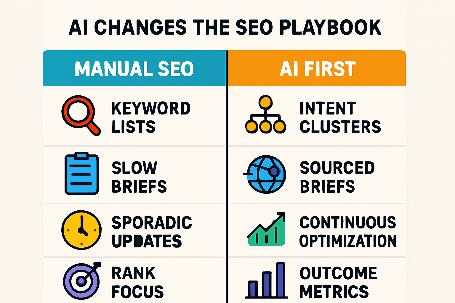 Infographic showing how AI reshapes SEO from manual to automated across research, content, optimization, and measurement with concise phrases for each step
