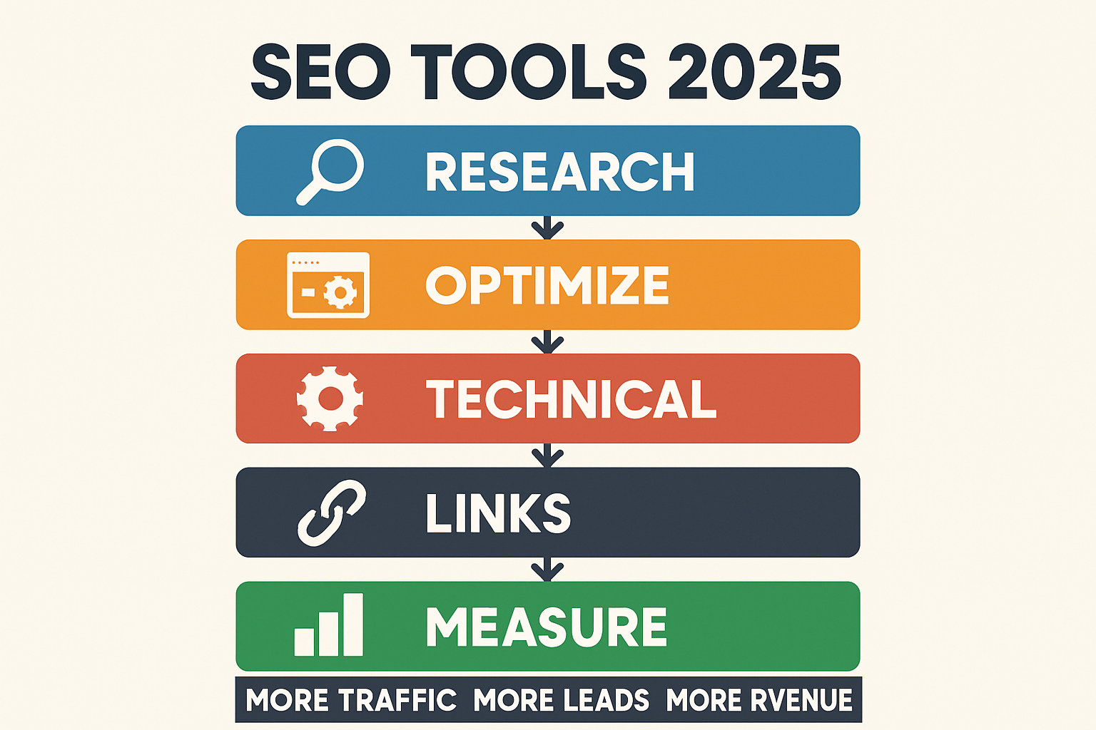 Infographic summarizing SEO tool categories in 2025 with five pillars and outcome arrows to traffic, leads, revenue