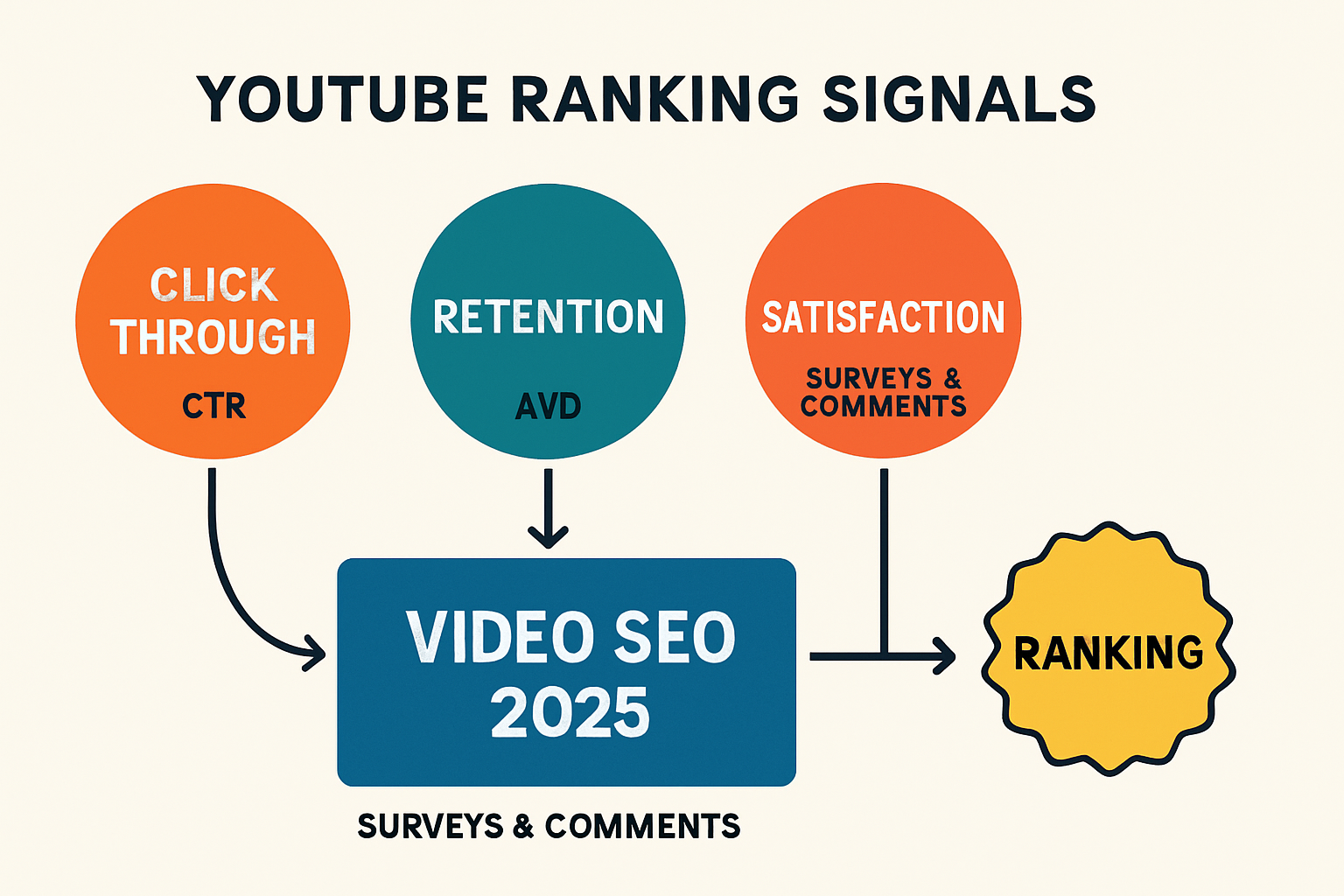 Infographic showing YouTube ranking signals CTR, retention, and satisfaction feeding overall ranking power in 2025