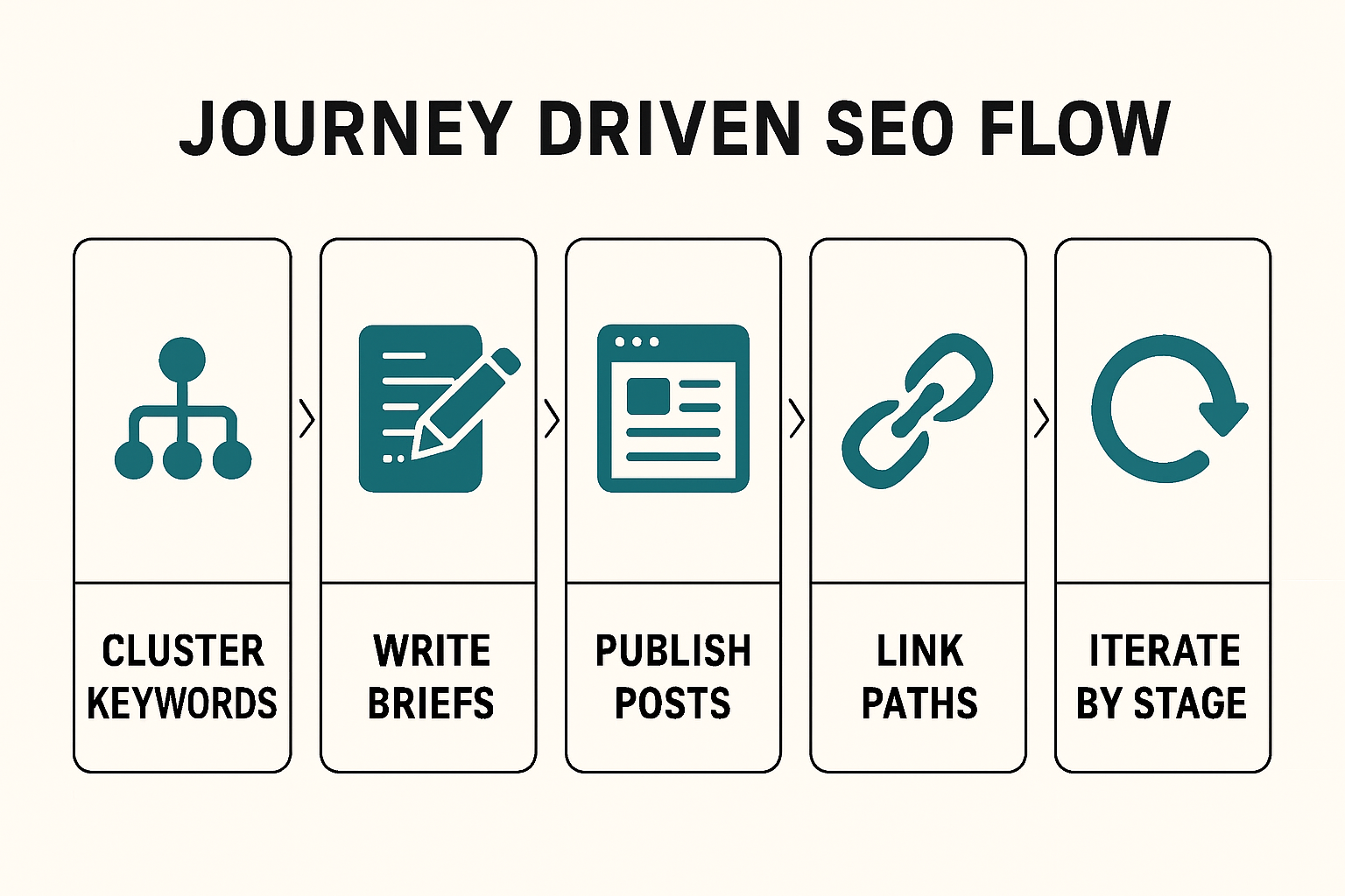 Infographic of content workflow from keywords to briefs to publish and iterate for journey-based SEO