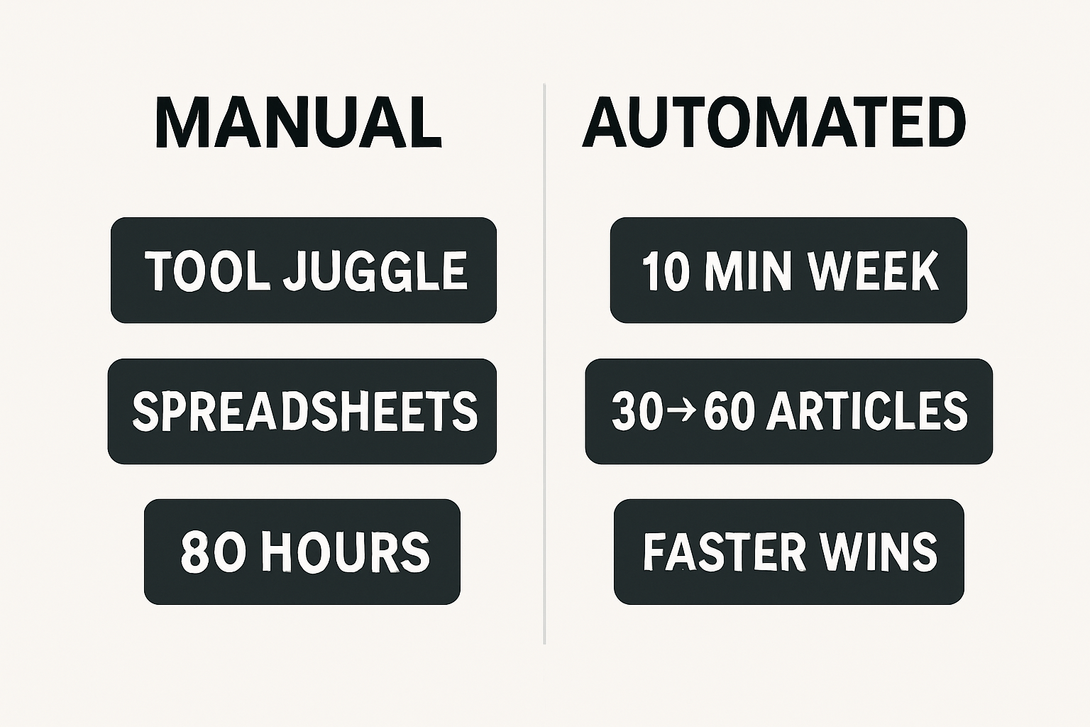 Vector infographic comparing manual SEO workflow vs automated SEOsolved highlighting time saved and minimal effort