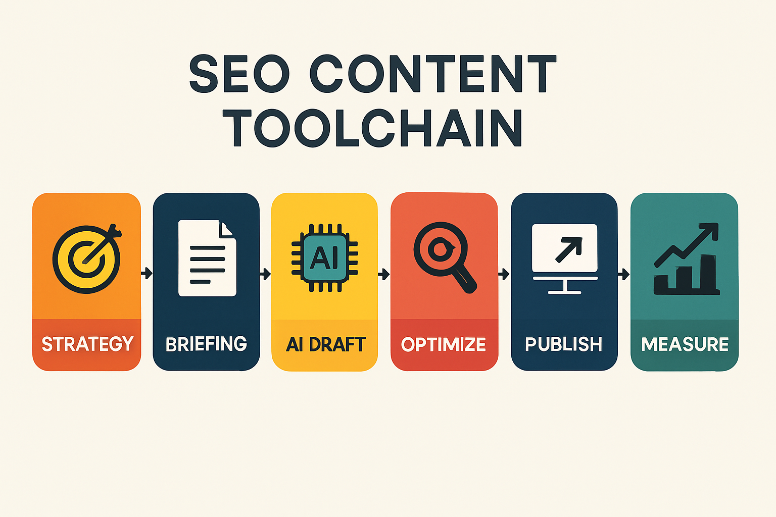 Infographic showing a simple end to end SEO content toolchain from strategy to measure with six labeled steps and minimal icons for clarity