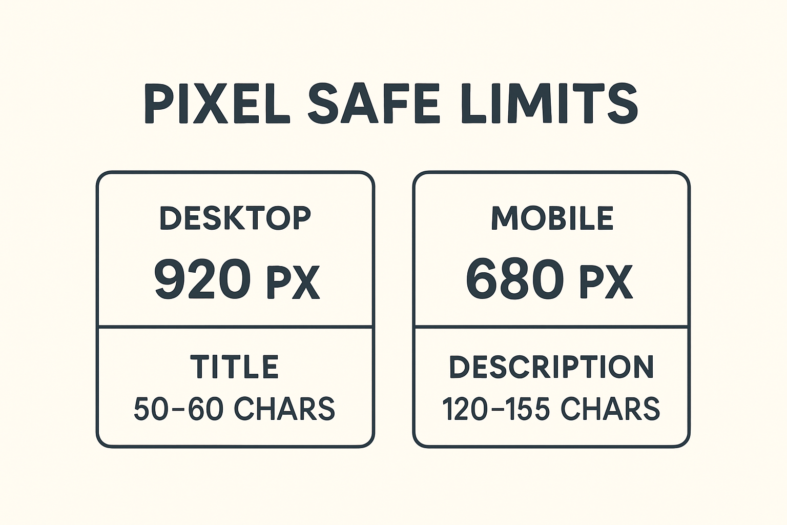 Infographic comparing desktop and mobile pixel safe limits for titles and meta descriptions with clear numbers for quick reference