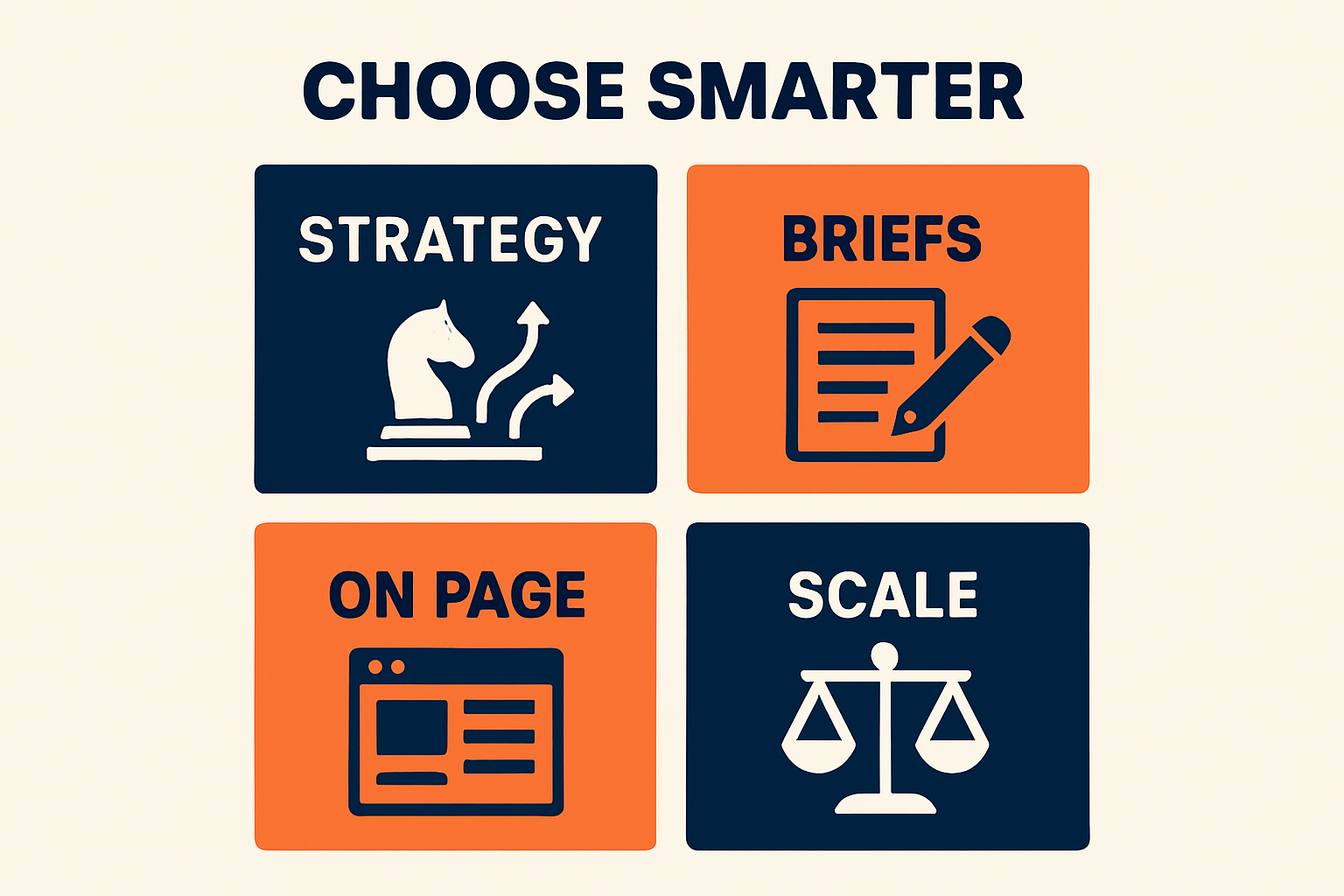 Simple 4-block infographic showing criteria to choose a Jasper AI alternative: strategy, briefs, on-page SEO, and scale/governance