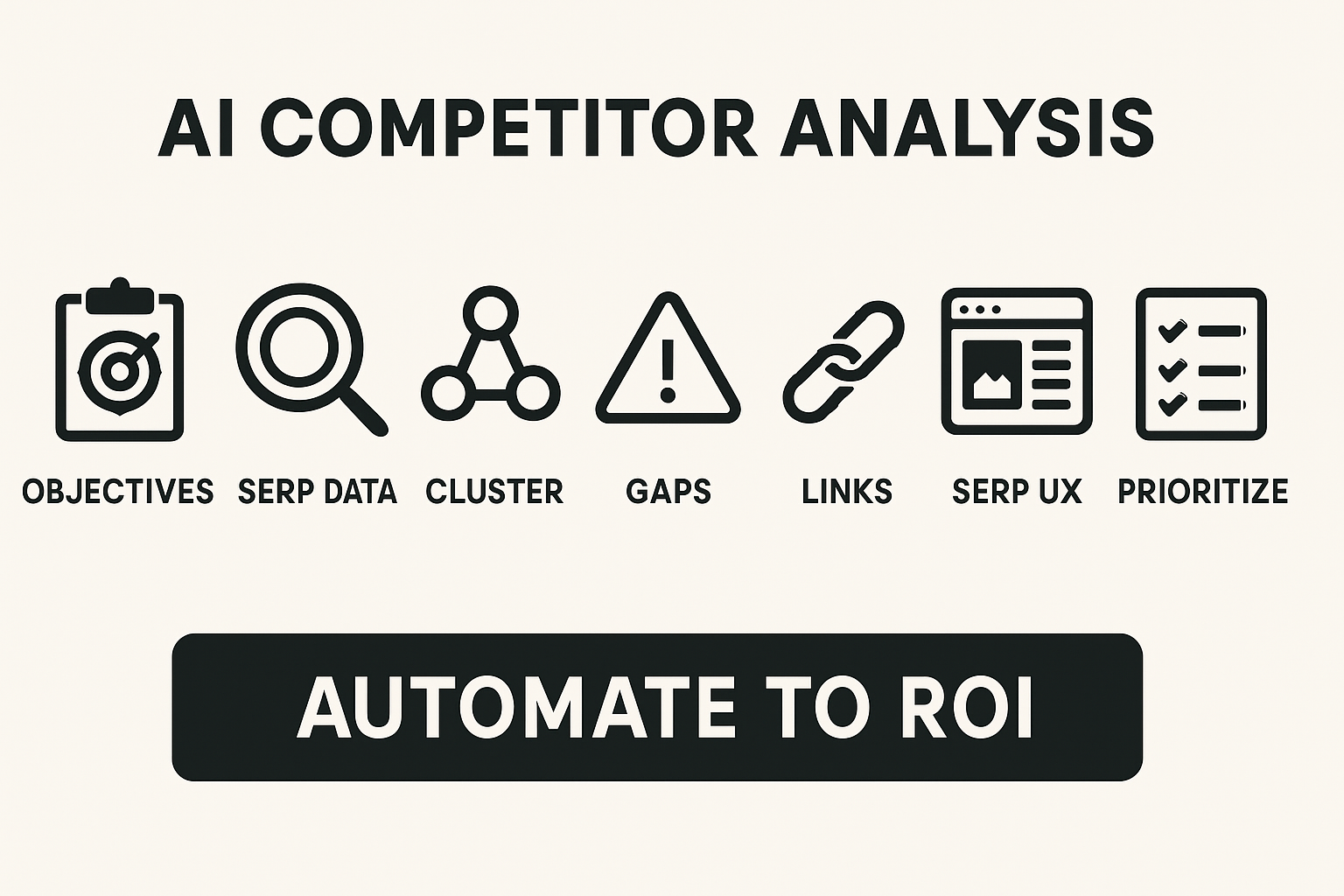 Infographic showing the 7 steps of AI competitor analysis from objectives to reporting, emphasizing automation and ROI