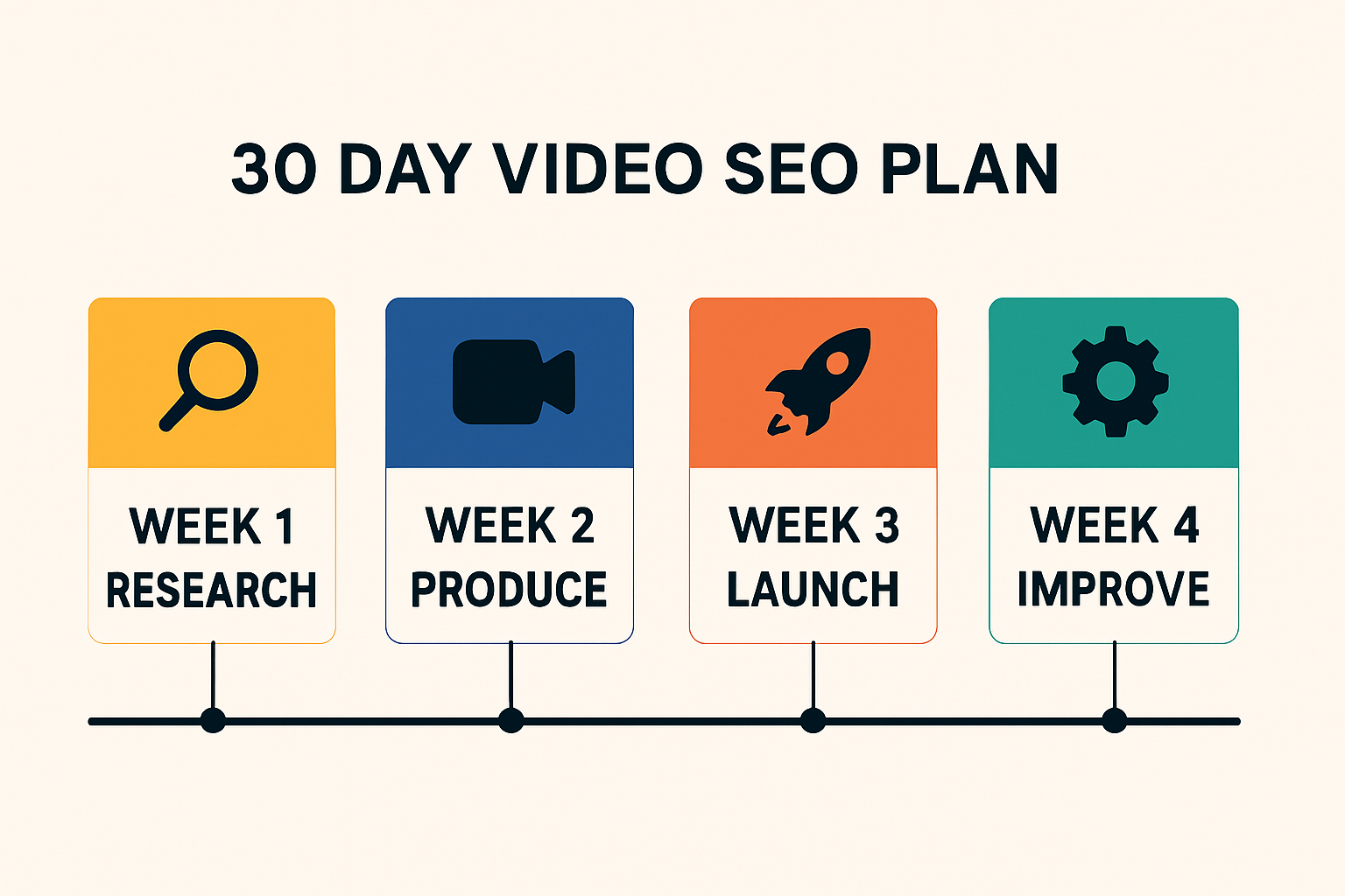 Timeline infographic of a 4‑week Video SEO plan showing research, production, launch, and improvement phases