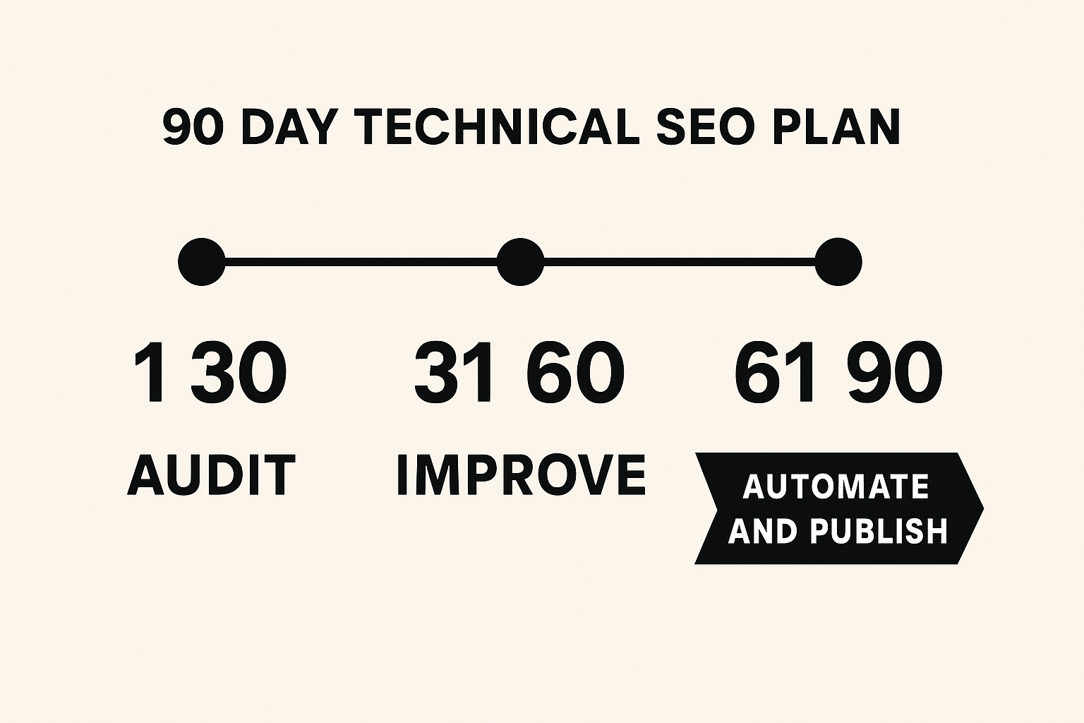 Timeline infographic of a 90 day technical SEO plan showing 1–30 audit, 31–60 improve, 61–90 scale with a clear call to automate and publish.