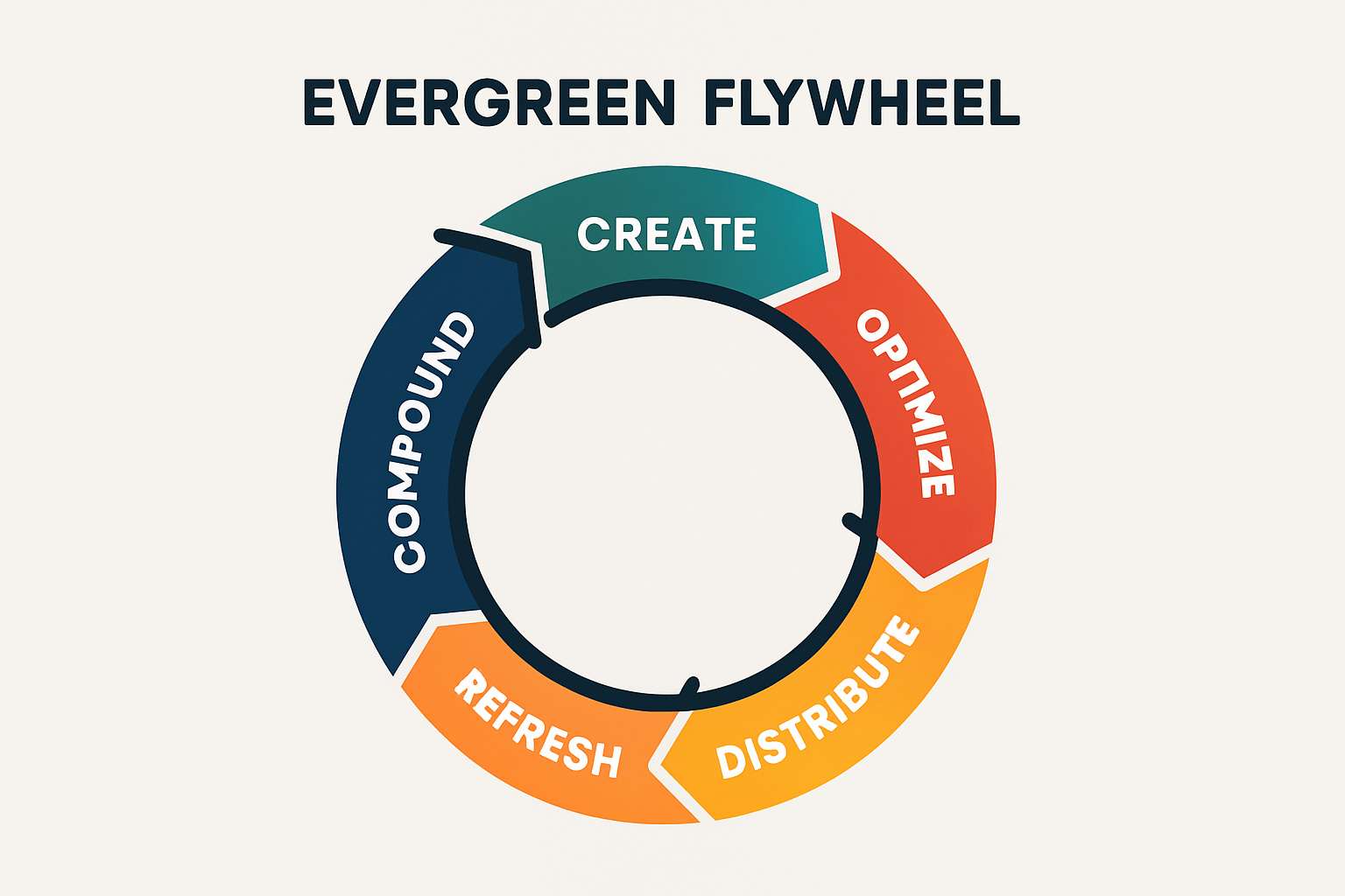 Infographic showing the evergreen content flywheel steps from create to compound, illustrating compounding SEO growth over time