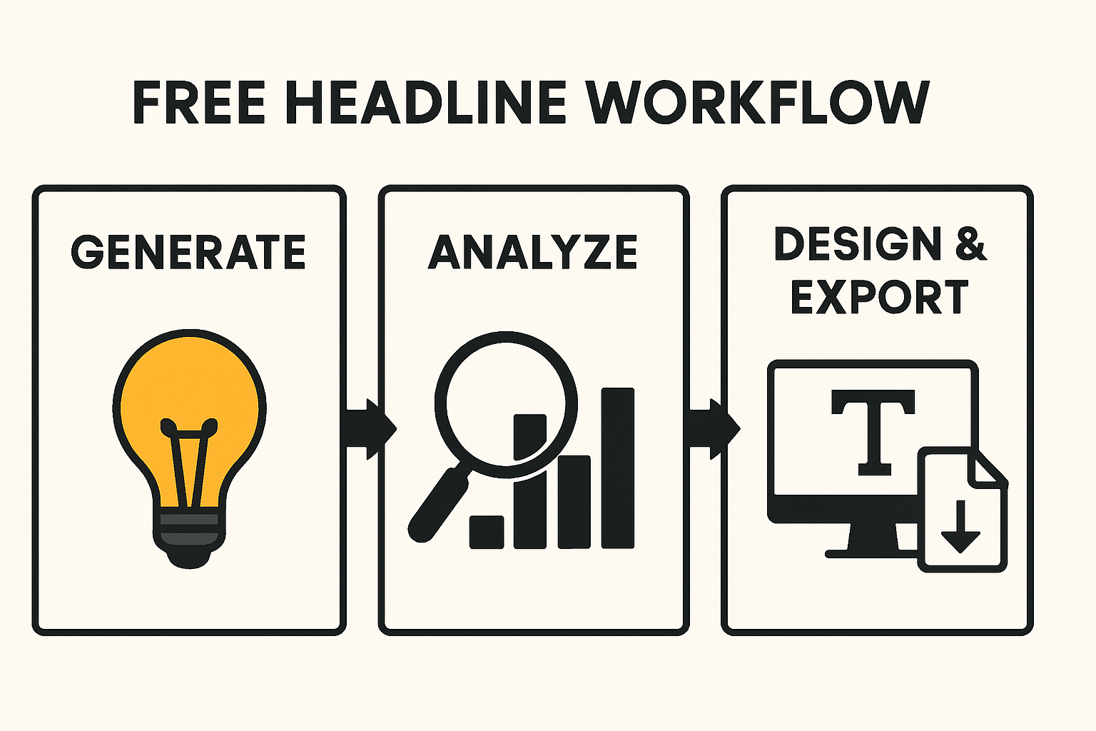 Infographic showing a simple three step free headline workflow: Generate ideas, Analyze options, then Design and Export for the web