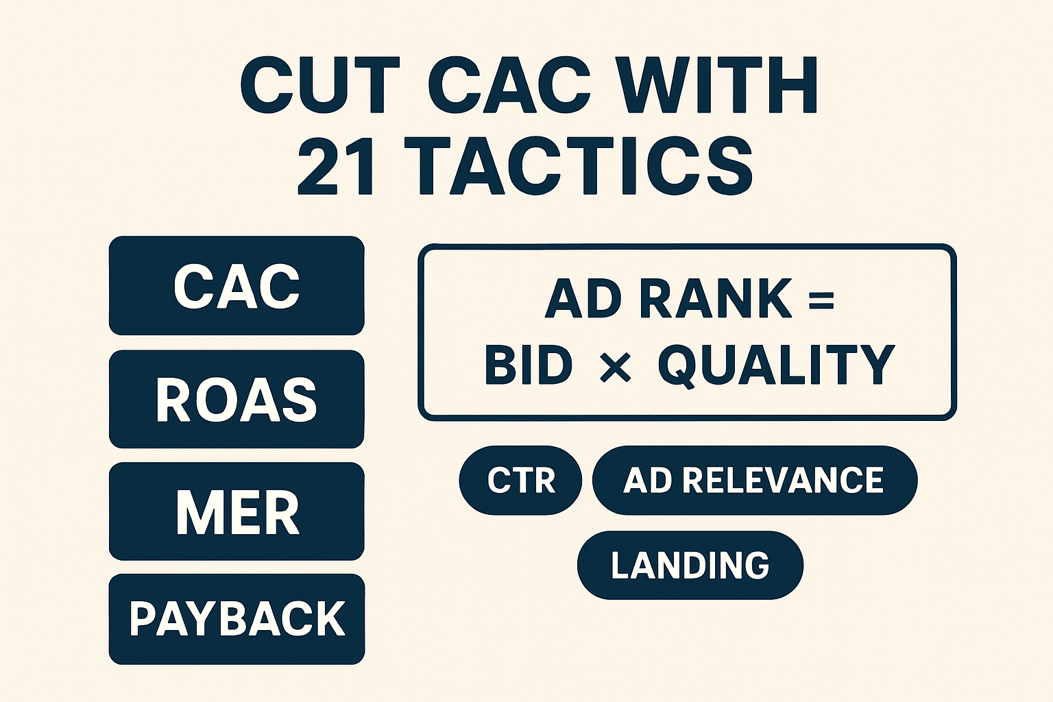 Infographic showing the PPC metrics that define success (CAC, ROAS, MER, Payback) and the Ad Rank levers (Bid, Quality Score with CTR, Ad Relevance, Landing Experience) to lower CPC and CAC