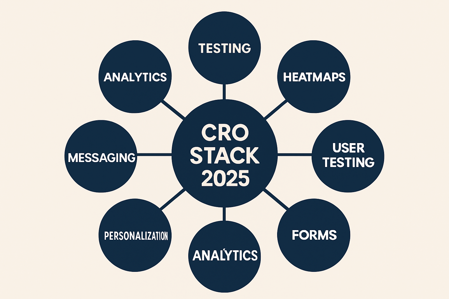Infographic mapping a modern CRO stack categories showing TESTING, HEATMAPS, USER TESTING, MESSAGING, FORMS, PERSONALIZATION, ANALYTICS for quick orientation