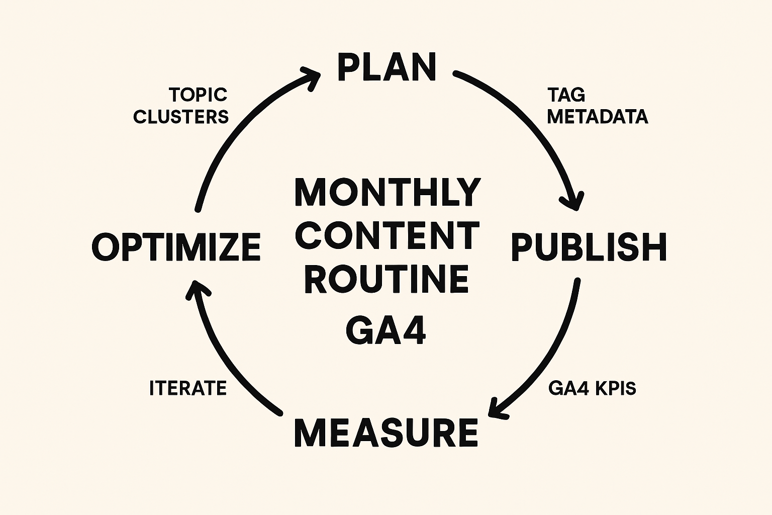 Circular four-step infographic showing a monthly content operating loop plan publish measure optimize connected to GA4 KPIs