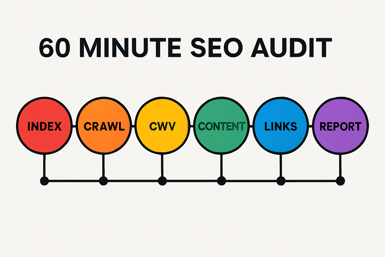 Infographic showing a 60-minute SEO audit roadmap with six steps: index, crawl, CWV, content, links, report
