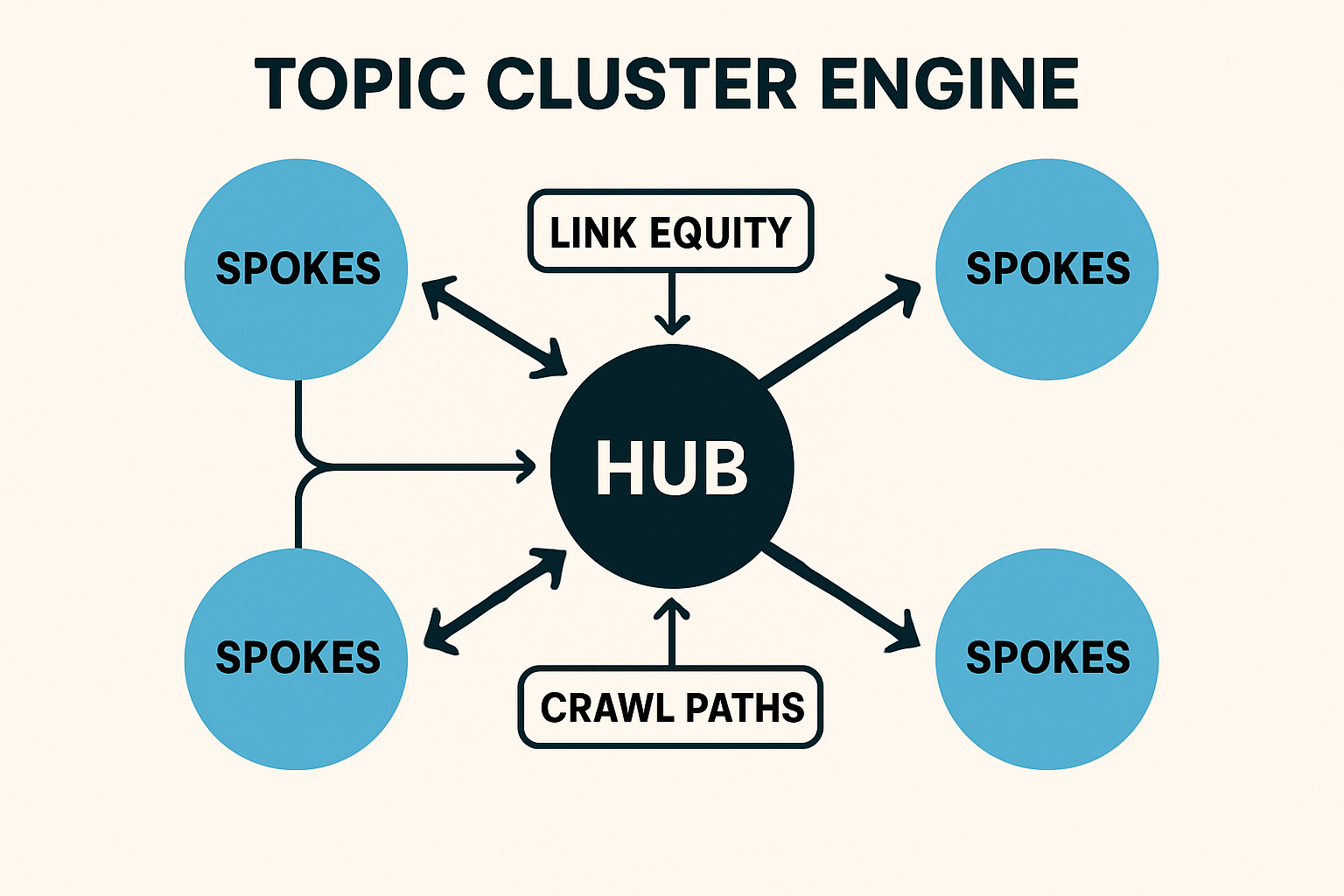 Vector infographic of a hub and multiple spokes with arrows showing link equity and crawl paths between pages, illustrating automated internal linking for topic clusters