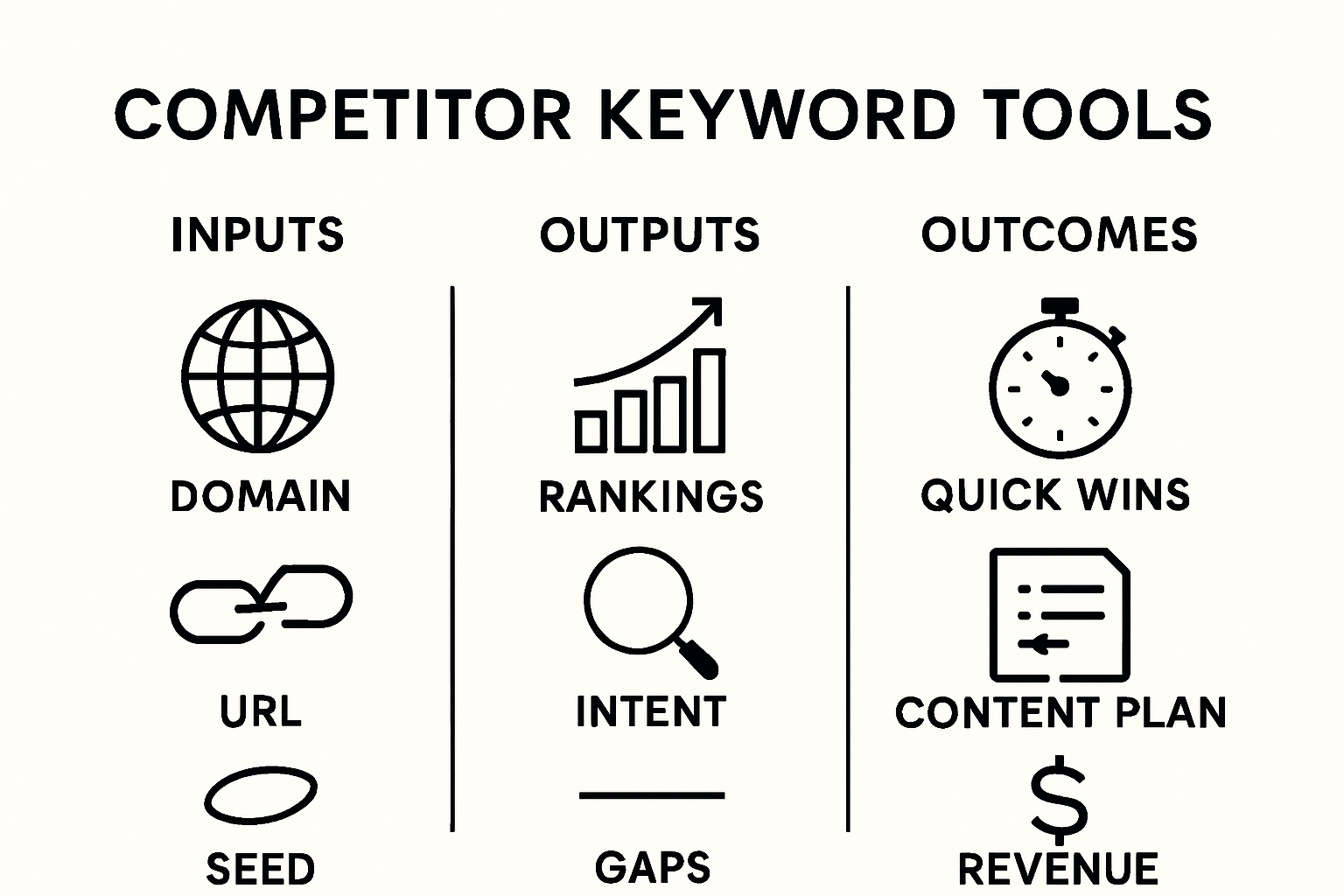 Infographic comparing competitor keyword research tools with inputs, outputs, and outcomes to show how they guide strategy