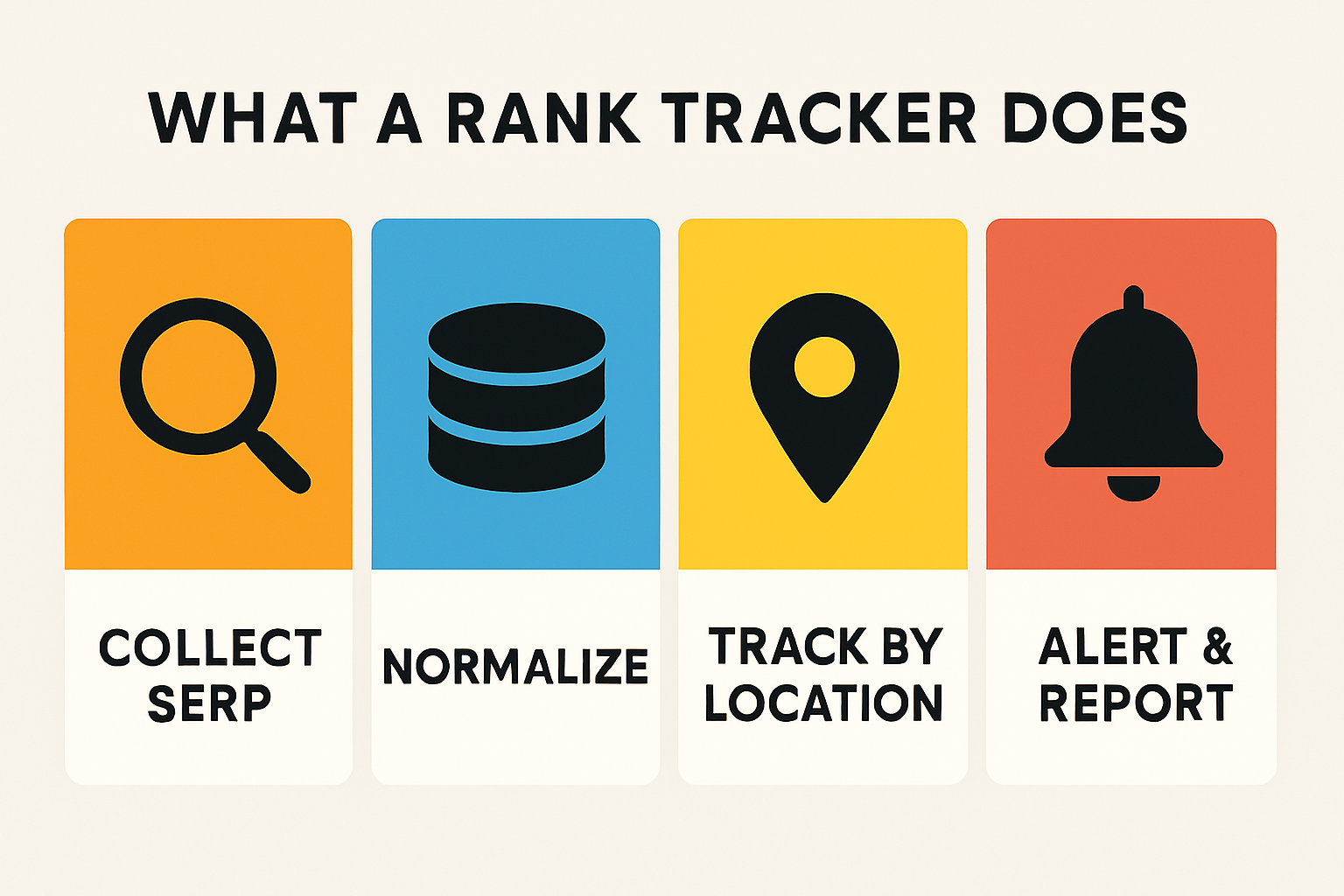 Infographic showing the core steps of how a rank tracker works: collect SERP data, normalize it, segment by location, and alert/report for decisions.