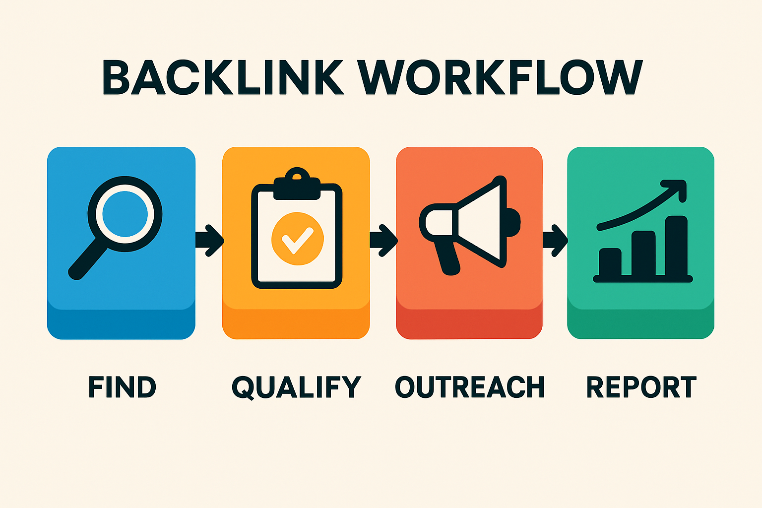 Process infographic showing the backlink workflow from find to qualify to outreach to report, helping readers visualize a repeatable process