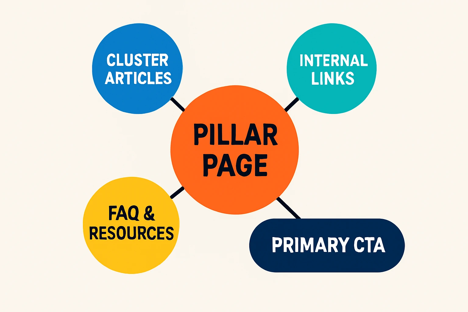 Simple topic cluster infographic showing a central pillar page connected to cluster articles, FAQs, resources, and a primary CTA to illustrate internal linking.