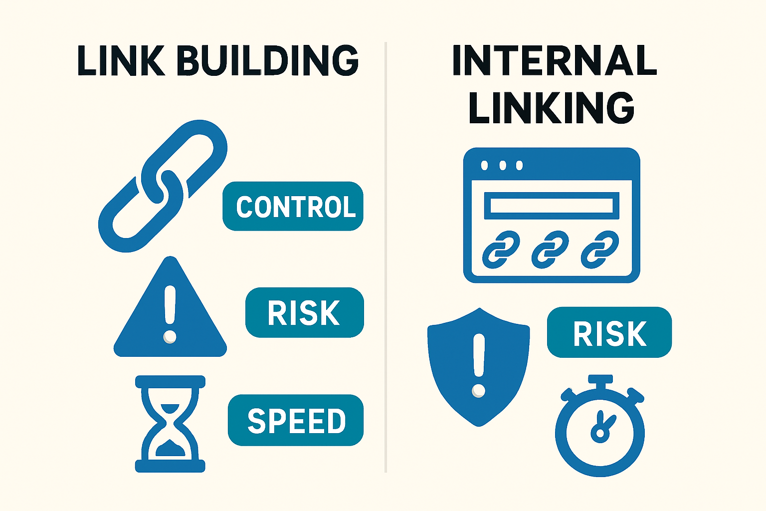 Side by side infographic comparing automated link building and internal linking across control, risk, and speed