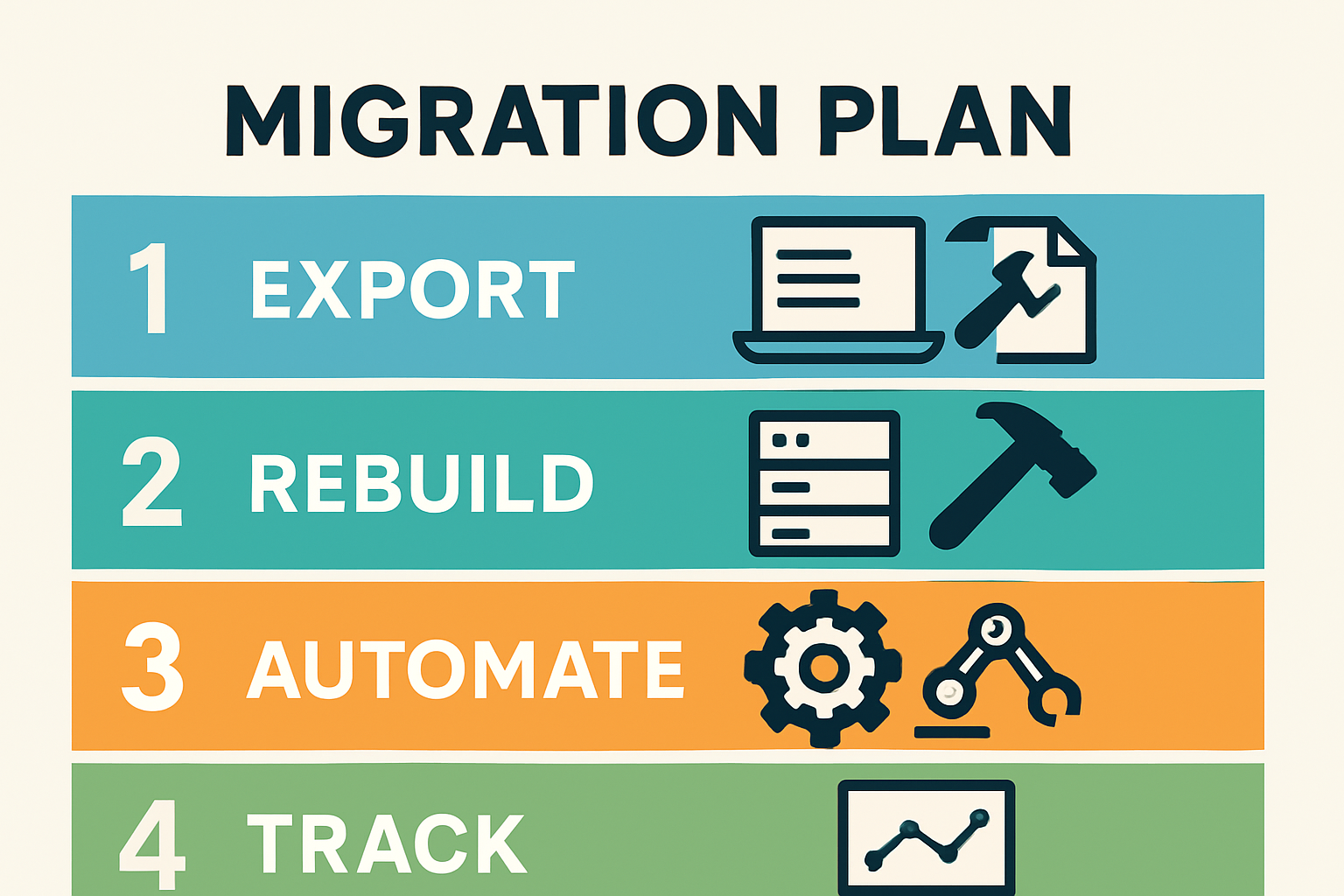 Infographic summarizing a 4-step migration plan from SpyFu to a new stack: Export, Rebuild, Automate, Track