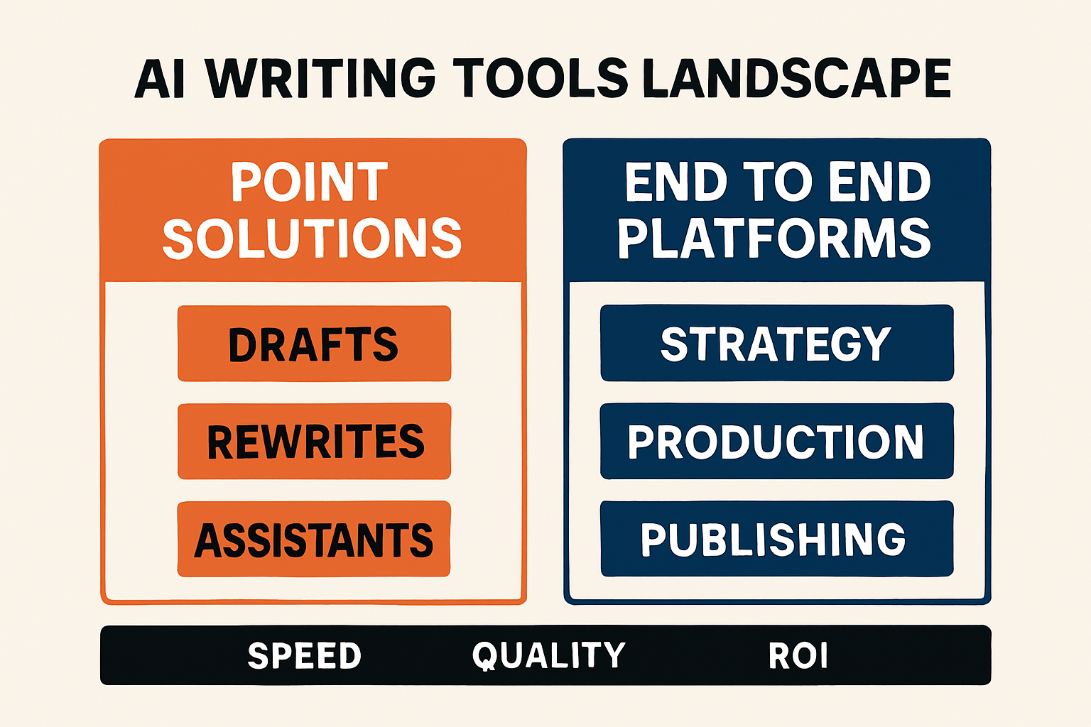 Infographic showing AI writing tools landscape contrasting point solutions and end to end platforms with benefits and limits